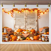 Lofaris Rustic Autumn Holiday Backdrop with Pumpkins and Hay Bales, Distressed Wood Shutters Photography Background for Fall Studio