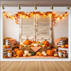 Lofaris Rustic Autumn Holiday Backdrop with Pumpkins and Hay Bales, Distressed Wood Shutters Photography Background for Fall Studio