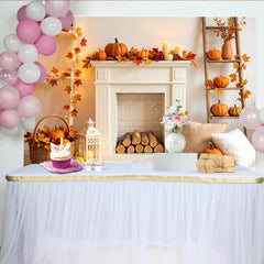 Lofaris Cozy Autumn Harvest Backdrop with White Fireplace, Pumpkins and Fall Leaves, Warm Thanksgiving Photography Background for Home Decor