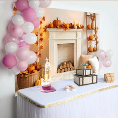 Lofaris Cozy Autumn Harvest Backdrop with White Fireplace, Pumpkins and Fall Leaves, Warm Thanksgiving Photography Background for Home Decor