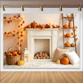 Lofaris Cozy Autumn Harvest Backdrop with White Fireplace, Pumpkins and Fall Leaves, Warm Thanksgiving Photography Background for Home Decor