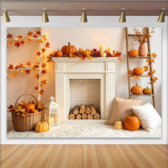 Lofaris Cozy Autumn Harvest Backdrop with White Fireplace, Pumpkins and Fall Leaves, Warm Thanksgiving Photography Background for Home Decor