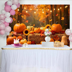 Lofaris Autumn Harvest Backdrop with Pumpkins and Sunflowers, Thanksgiving Fall Photography Background with String Lights