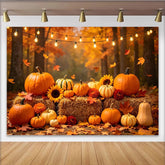 Lofaris Autumn Harvest Backdrop with Pumpkins and Sunflowers, Thanksgiving Fall Photography Background with String Lights