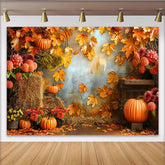 Lofaris Rustic Autumn Photography Backdrop with Pumpkins and Fall Leaves, Seasonal Photo Background for Studio or Party Decor