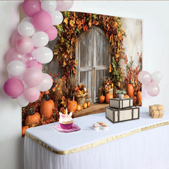 Lofaris Autumn Photography Backdrop with Rustic Wooden Door and Pumpkins, Fall Leaves Studio Background for Seasonal Holiday Decor