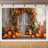 Lofaris Autumn Photography Backdrop with Rustic Wooden Door and Pumpkins, Fall Leaves Studio Background for Seasonal Holiday Decor