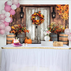 Lofaris Rustic Wooden Door Thanksgiving Backdrop with Fall Wreath, Pumpkins and Autumn Leaves for Harvest Party Photography