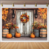Lofaris Rustic Wooden Door Thanksgiving Backdrop with Fall Wreath, Pumpkins and Autumn Leaves for Harvest Party Photography