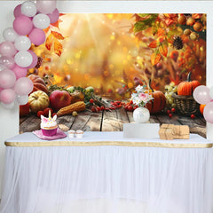 Lofaris Rustic Wood Thanksgiving Backdrop with Pumpkins and Autumn Leaves, Golden Bokeh Harvest Photography Background for Party Decor