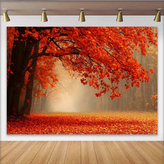 Lofaris Vibrant Autumn Forest Photography Backdrop with Orange Red Leaves and Misty Path, Scenic Nature Background for Studio Portrait