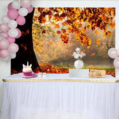 Lofaris Golden Autumn Leaves Photography Backdrop with Tree Trunk and Fallen Foliage, Misty Forest Background for Seasonal Portrait