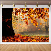 Lofaris Golden Autumn Leaves Photography Backdrop with Tree Trunk and Fallen Foliage, Misty Forest Background for Seasonal Portrait