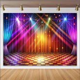 Lofaris Vibrant Colorful Stage Photography Backdrop with Bright Spotlights, Checkered Floor Disco Party Background