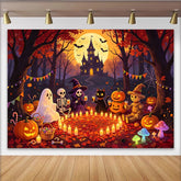 Lofaris Spooky Halloween Backdrop with Haunted House and Full Moon, Friendly Monsters and Autumn Leaves Party Decor