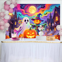 Lofaris Vibrant Halloween Backdrop with Ghost and Pumpkin Scarecrow, Spooky Village Background for Party Decoration.