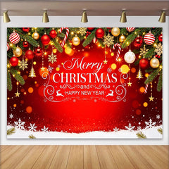 Lofaris Merry Christmas and Happy New Year Backdrop with Pine Branches, Ornaments, and Snowflakes, Festive Holiday Background for Party Decor