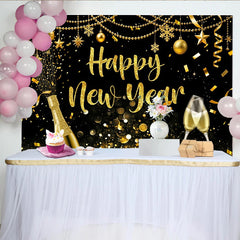 Lofaris Golden Glitter Happy New Year Backdrop with Champagne and Confetti, Elegant Party Background for Festive Celebration