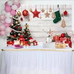 Lofaris Festive Christmas Backdrop with Decorated Trees, Gifts, and Falling Snow, Winter Holiday Scene for Photography and Party Decor