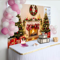 Lofaris Cozy Christmas Fireplace Backdrop with Decorated Trees and Stockings, Elegant Holiday Background for Family Photoshoot