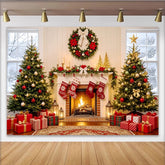 Lofaris Cozy Christmas Fireplace Backdrop with Decorated Trees and Stockings, Elegant Holiday Background for Family Photoshoot