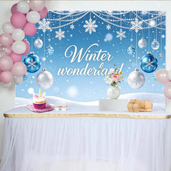 Lofaris Blue Winter Wonderland Backdrop with Snowflakes and Ornaments, Festive Photography Background for Holiday Party Decoration