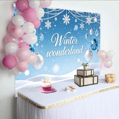 Lofaris Blue Winter Wonderland Backdrop with Snowflakes and Ornaments, Festive Photography Background for Holiday Party Decoration