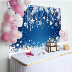 Lofaris Blue and White Christmas Backdrop with Ornaments and Snowflakes, Sparkling Winter Holiday Background for Festive Photoshoot