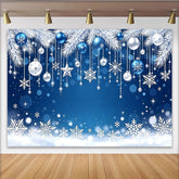 Lofaris Blue and White Christmas Backdrop with Ornaments and Snowflakes, Sparkling Winter Holiday Background for Festive Photoshoot