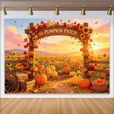 Lofaris Autumn Harvest Pumpkin Patch Backdrop with Sunflowers and Fall Leaves, Rustic Farm Background for Thanksgiving Party Decor