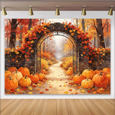 Lofaris Watercolor Autumn Archway Backdrop with Pumpkins, Vibrant Fall Leaves Photography Background for Holiday Decor