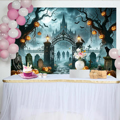Lofaris Spooky Haunted Castle Halloween Backdrop with Full Moon and Jack-o'-Lanterns, Eerie Cemetery Gate Design for Party Decor