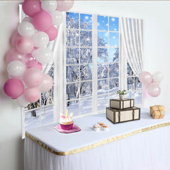 Lofaris Cozy Winter Window Photography Backdrop with Snowy Trees and Falling Snow, Scenic Studio Background for Holiday Photoshoot
