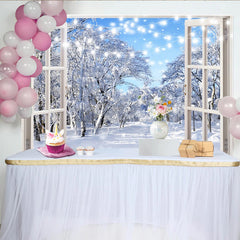 Lofaris White Window Winter Holiday Backdrop with Snowy Forest and Fairy Lights, Blue Sky Photography Background for Festive Event Decor