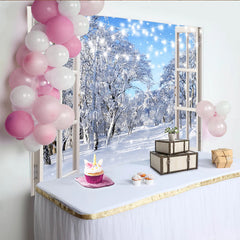 Lofaris White Window Winter Holiday Backdrop with Snowy Forest and Fairy Lights, Blue Sky Photography Background for Festive Event Decor