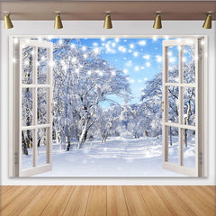 Lofaris White Window Winter Holiday Backdrop with Snowy Forest and Fairy Lights, Blue Sky Photography Background for Festive Event Decor