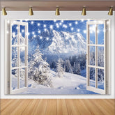 Lofaris Snowy Mountain Christmas Window Backdrop with String Lights, Beautiful Winter Photography Background for Holiday Decor