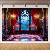 Lofaris Gothic Haunted House Halloween Backdrop with Bats and Spiderwebs, Red Velvet Curtains and Rose Petals for Party Decor