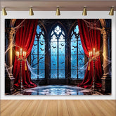 Lofaris Gothic Halloween Backdrop with Red Curtains and Bats, Spooky Candelabra Window Background for Party Decor