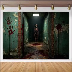 Lofaris Eerie Haunted Hallway Halloween Backdrop with Skeleton and Crimson Handprints, Spooky Photography Background for Party Decor