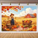 Lofaris Rustic Autumn Farm Photography Backdrop with Scarecrow, Pumpkins and Red Barn, Fall Harvest Background for Studio Photoshoot