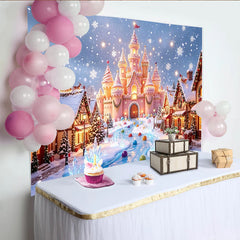 Lofaris Snowy Christmas Village Backdrop with Pink Castle and Reindeer, Enchanting Holiday Background for Festive Winter Event Photography