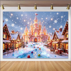 Lofaris Snowy Christmas Village Backdrop with Pink Castle and Reindeer, Enchanting Holiday Background for Festive Winter Event Photography