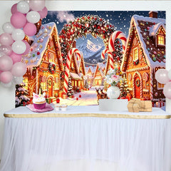 Lofaris Snowy Gingerbread Christmas Holiday Backdrop with Candy Canes, Festive Village Background for Winter Wonderland Party Decor.