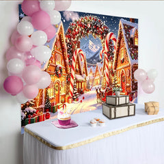 Lofaris Snowy Gingerbread Christmas Holiday Backdrop with Candy Canes, Festive Village Background for Winter Wonderland Party Decor.