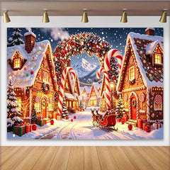 Lofaris Snowy Gingerbread Christmas Holiday Backdrop with Candy Canes, Festive Village Background for Winter Wonderland Party Decor.