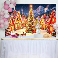 Lofaris Enchanted Christmas Village Backdrop with Snowy Houses and Bright Tree, Magical Winter Scene Background for Festive Celebrations