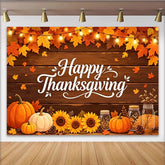 Lofaris Rustic Wood Happy Thanksgiving Backdrop with Pumpkins, Sunflowers and Autumn Leaves, Festive Fall Harvest Party Decor for Photography