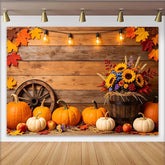 Lofaris Rustic Autumn Backdrop with Fall Leaves, Pumpkins and Sunflowers, Thanksgiving Harvest Party Decoration Background for Photoshoot