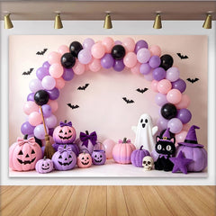 Lofaris Pastel Pink Purple Halloween Backdrop with Cute Pumpkins, Ghost, and Bats, Spooky Party Photography Background for Kids